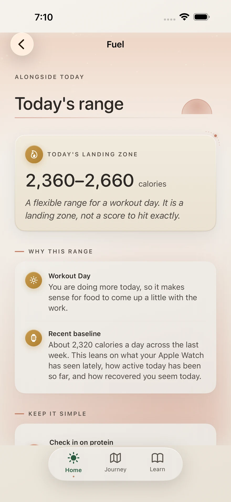 Fuel screen showing a flexible calorie range for a workout day